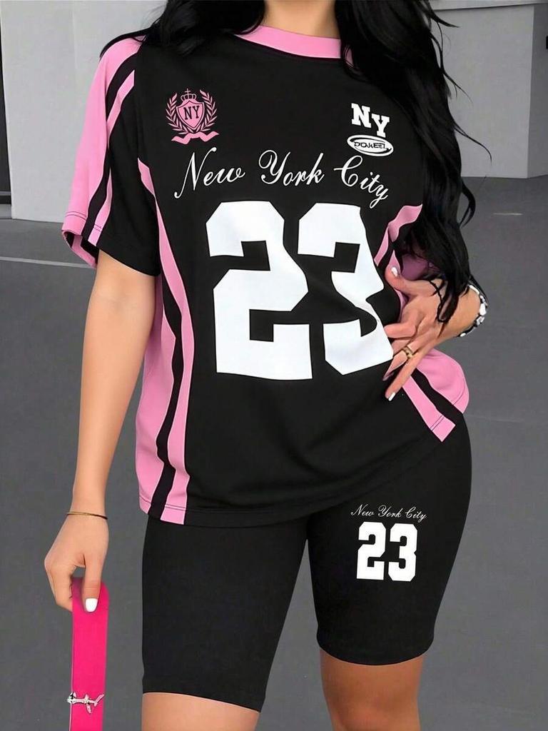 1116 new casual sports style digital printing shoulder sleeve T-shirt high waist tight shorts fashion suit women