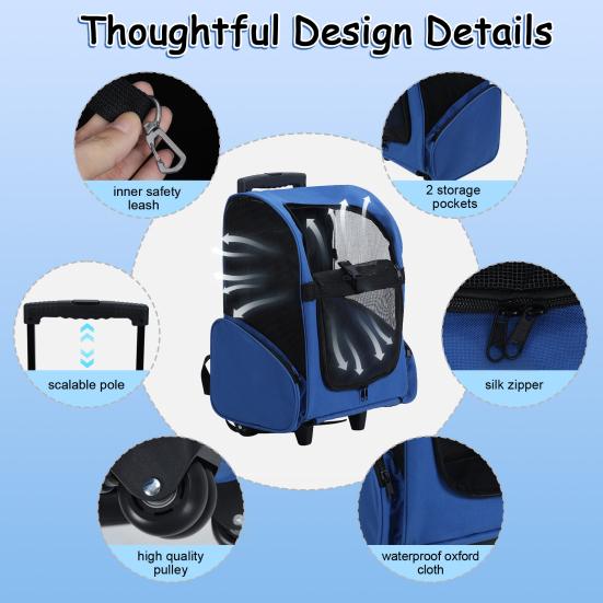 Rolling Pet Carrier, Pet Travel Backpack with Double Wheels & Telescopic Handle, Pet Carrier with Wheels, Pet Travel Carrier for Small Medium Cat Dog
