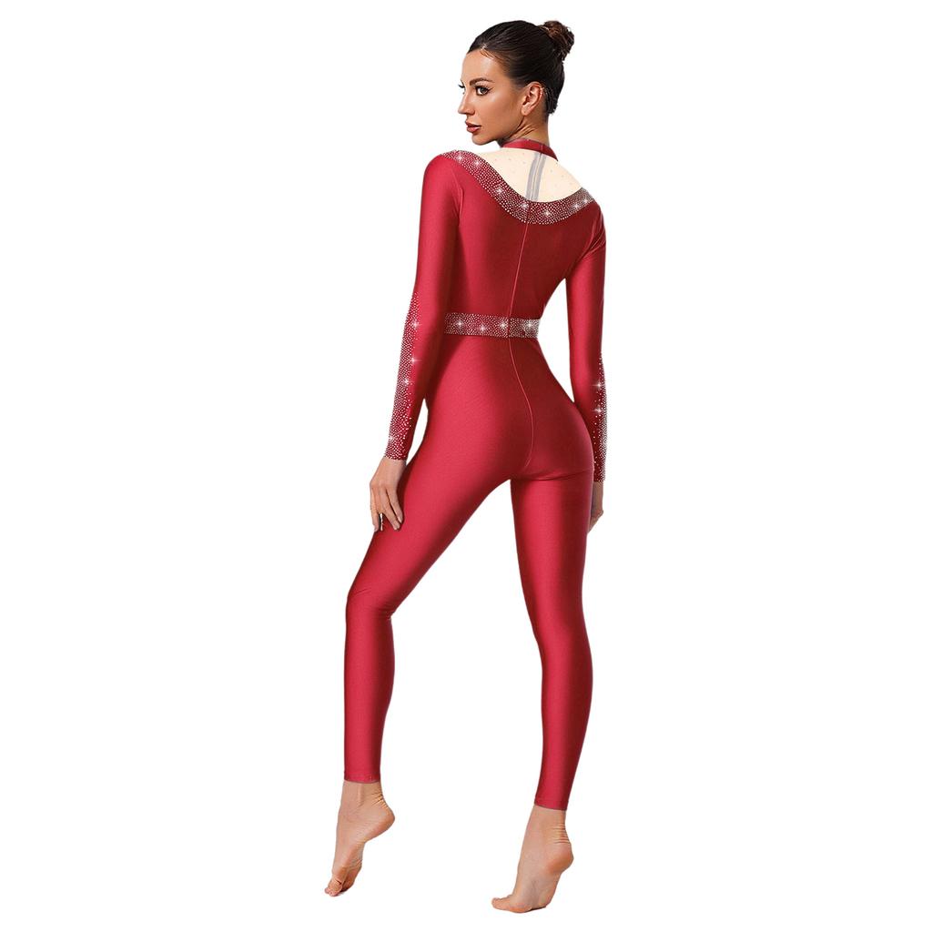 Womens Sparkle Rhinestone Dance Gymnastics Leotard Mock Neck Long Sleeve Long Pants Jumpsuit