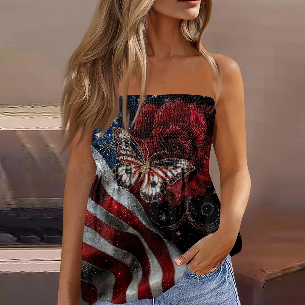 Women's Fashionable Sexy Backless Elastic Independence Day Print Bandeau Top