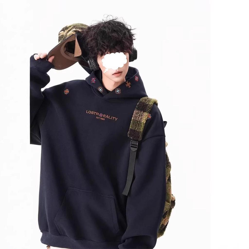 Men's Embroidered Ethnic-Style Hooded Sweatshirt - Casual, Loose-Fit, Versatile Autumn/Winter Outerwear for Couples