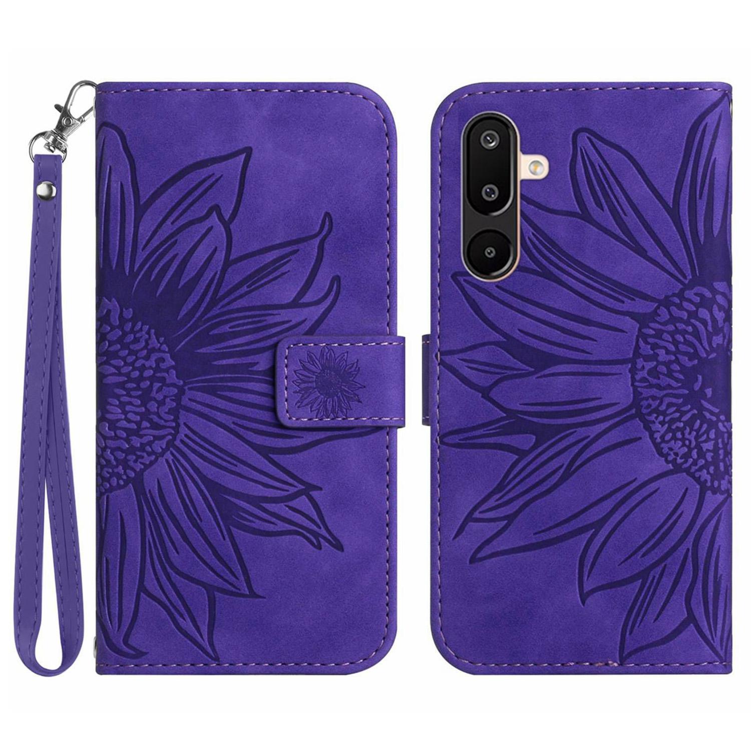 

For Samsung Galaxy M16 5G/F16 5G Case Sunflower Imprint Leather Wallet Phone Cover with Wrist Strap Dark Purple