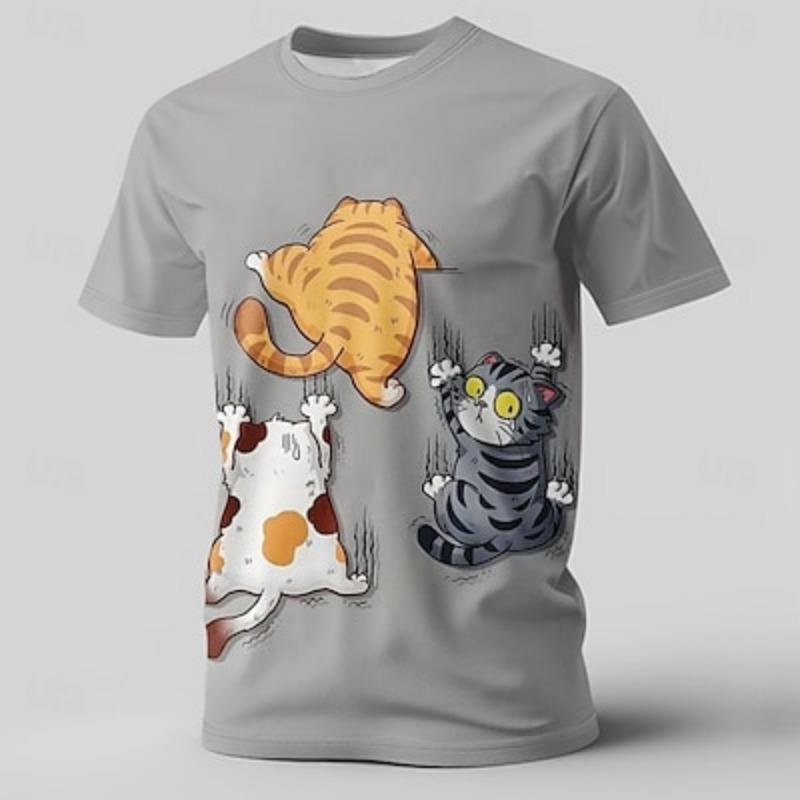 Men's 3D Cartoon Cat Print T-Shirt - Casual Crew Neck,Short Sleeve,Fashion Top for Everyday & Vacation Wear