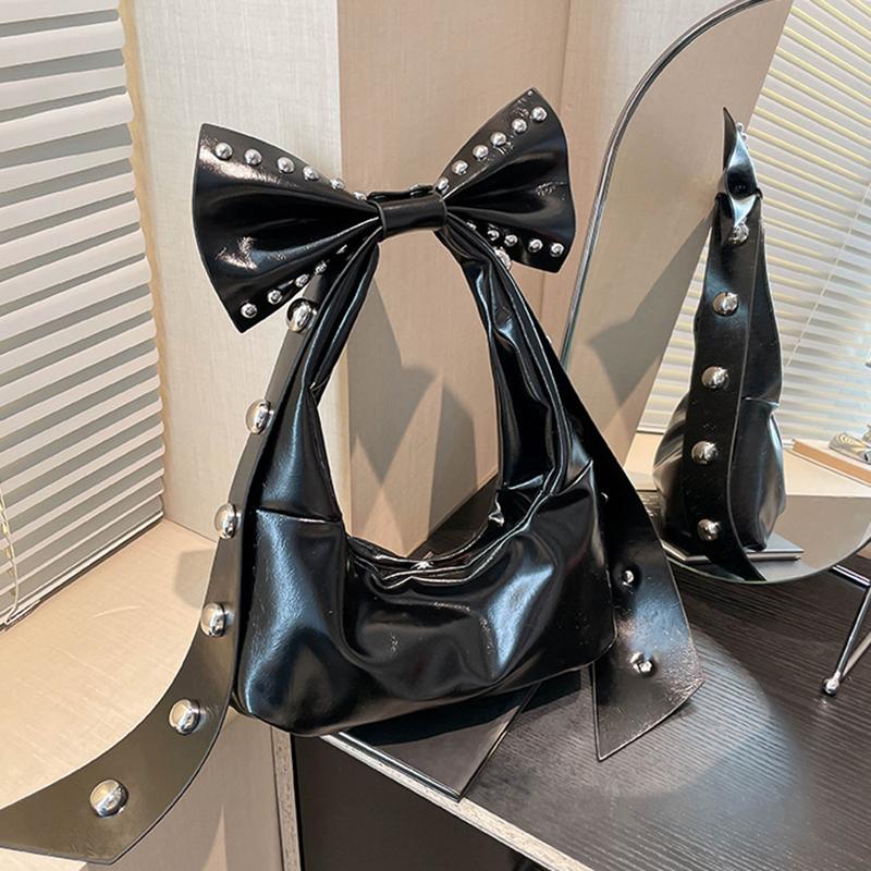 

Yogodlns Rivets Bow Y2K Hobos Handbag and Purses for Women Trendy Shoulder Bag with Removable Bow Ladies PU Leather Armpit Bag 27.5x9x14cm чёрный