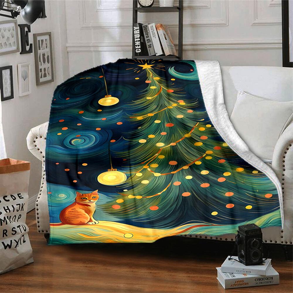 1pc Christmas Cat Blanket, Lightweight Flannel Throw Blanket for Sofa, Bed, Travel, Camping, Living Room, Office, Couch, Chair, and Bed