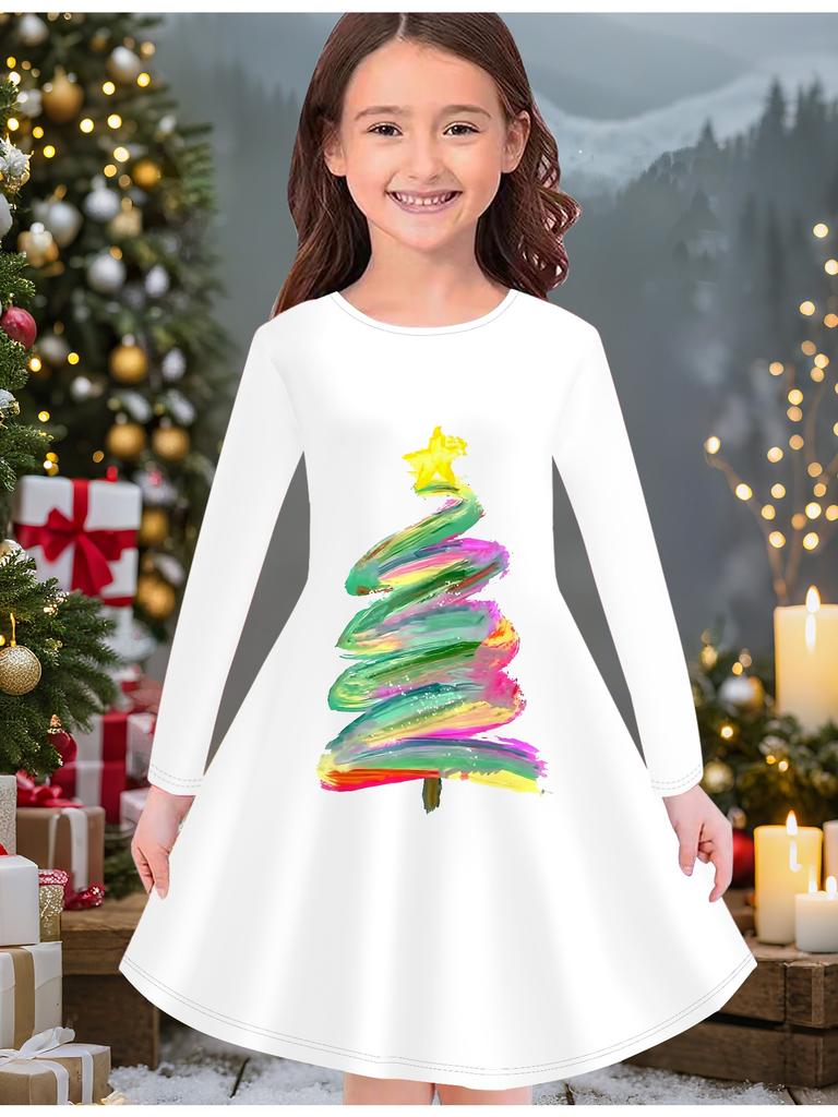Mädchen Herbst- und Wintermodekleid, 3D Weihnachtsprint Rundhalsausschnitt Lang Kinder-T-Shirt-Kleid, Lässig Vielseitig, Weihnachtskleidung