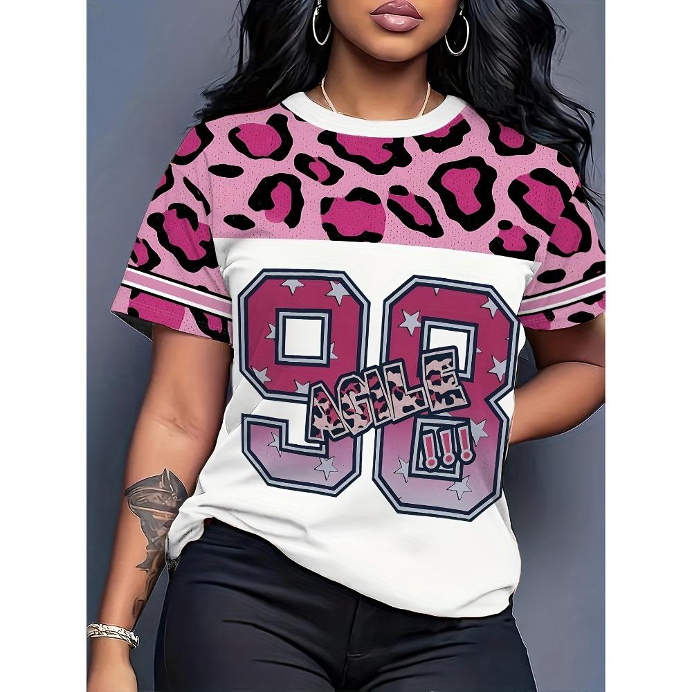

Women s leopard print contrast short-sleeved T-shirt with round neck design, perfect for summer outdoor use 5XL