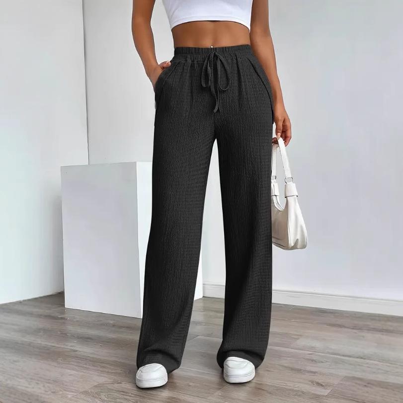 Women S Solid Color Wide Leg Pants High Waisted Drawstring Casual Ribbed Knit Trousers S