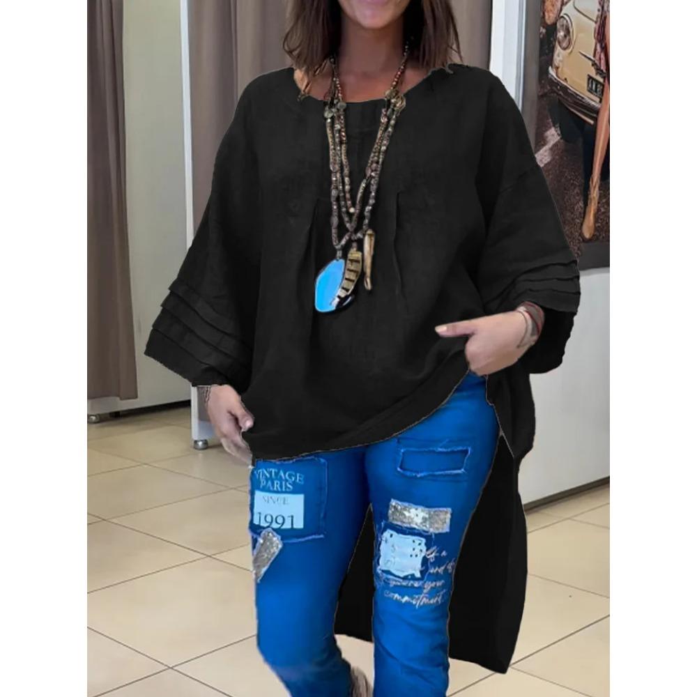 Women's Casual and Fashionable Solid-color Round-neck Pullover Shirt