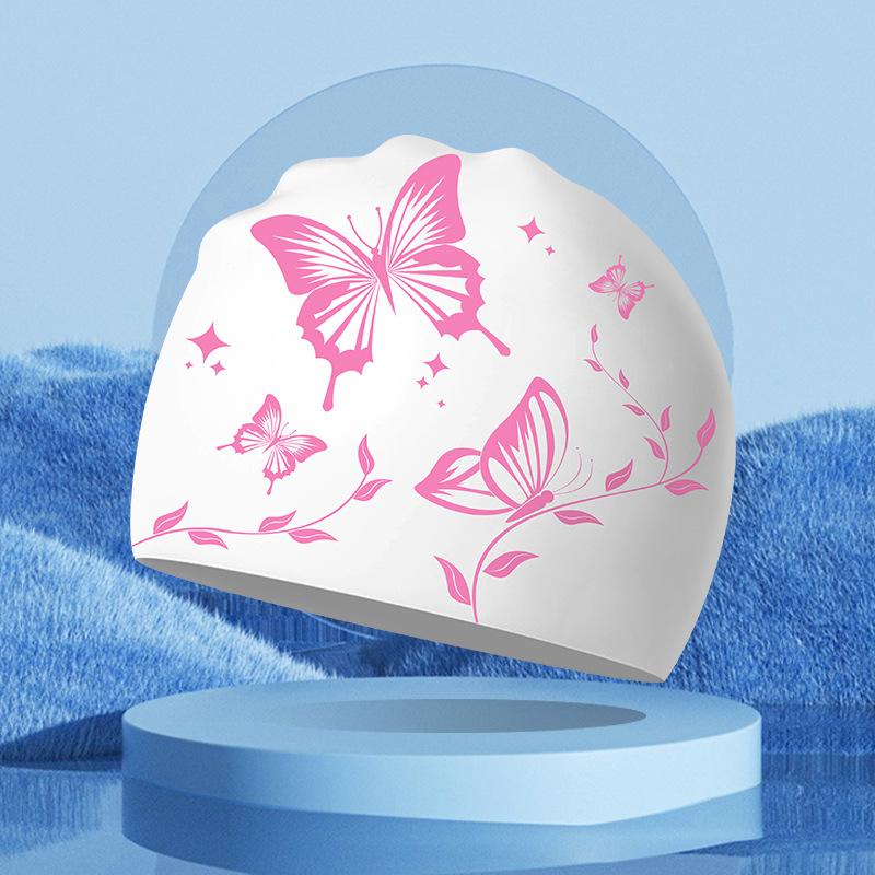 1 buc Căciuli de înot impermeabile confortabile cu imprimeu fluture, elasticitate ridicată, protecție pentru urechi, pentru femei, bărbați, silicon, căciulă de înot profesională