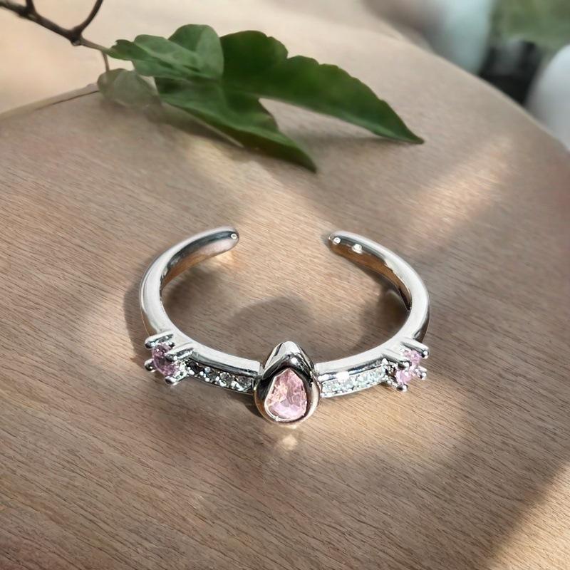 Sweet Pink Zircon Water Drop Star Opening Ring Small Fresh Light Luxury High Sense Simple Niche Ring