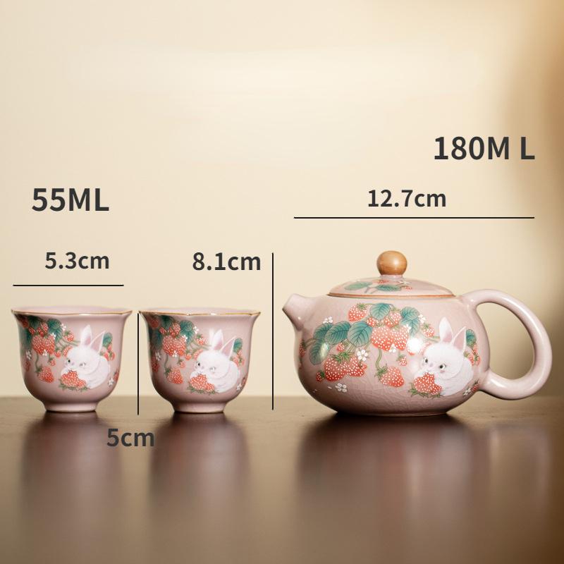 Ru Kiln Lifting Beam Pot Strawberry Rabbit Teapot Set Xishi Pot Household Ceramic Kung Fu Tea Set Open Piece Can Be Kept