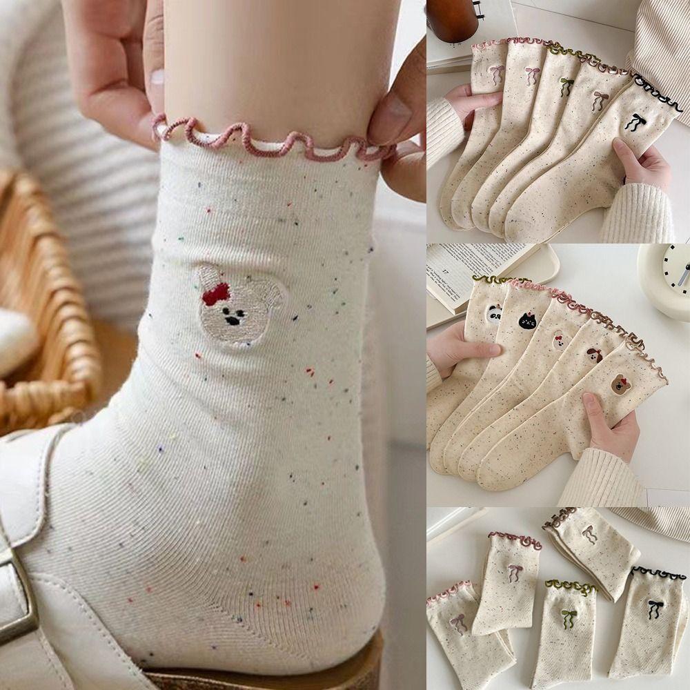 5Pairs Embroidery Ruffled Socks Women Cat Mid-calf Cotton Socks Sweet Bowknot Sock  Women's