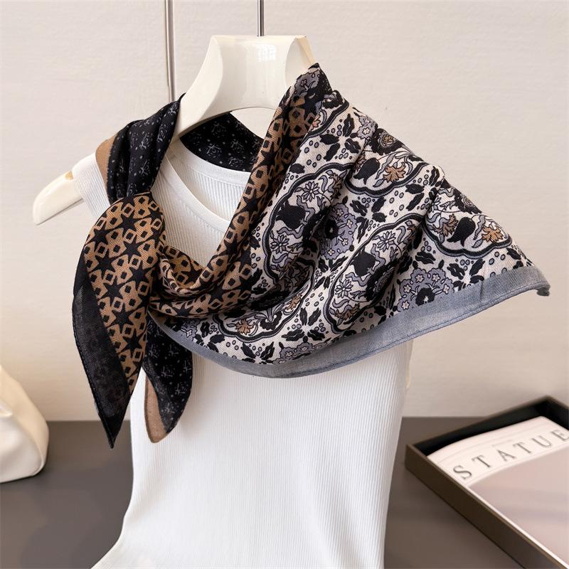 Literary printed cotton linen small checkered scarf imitation velvet scarf retro shawl sun protection women's scarf