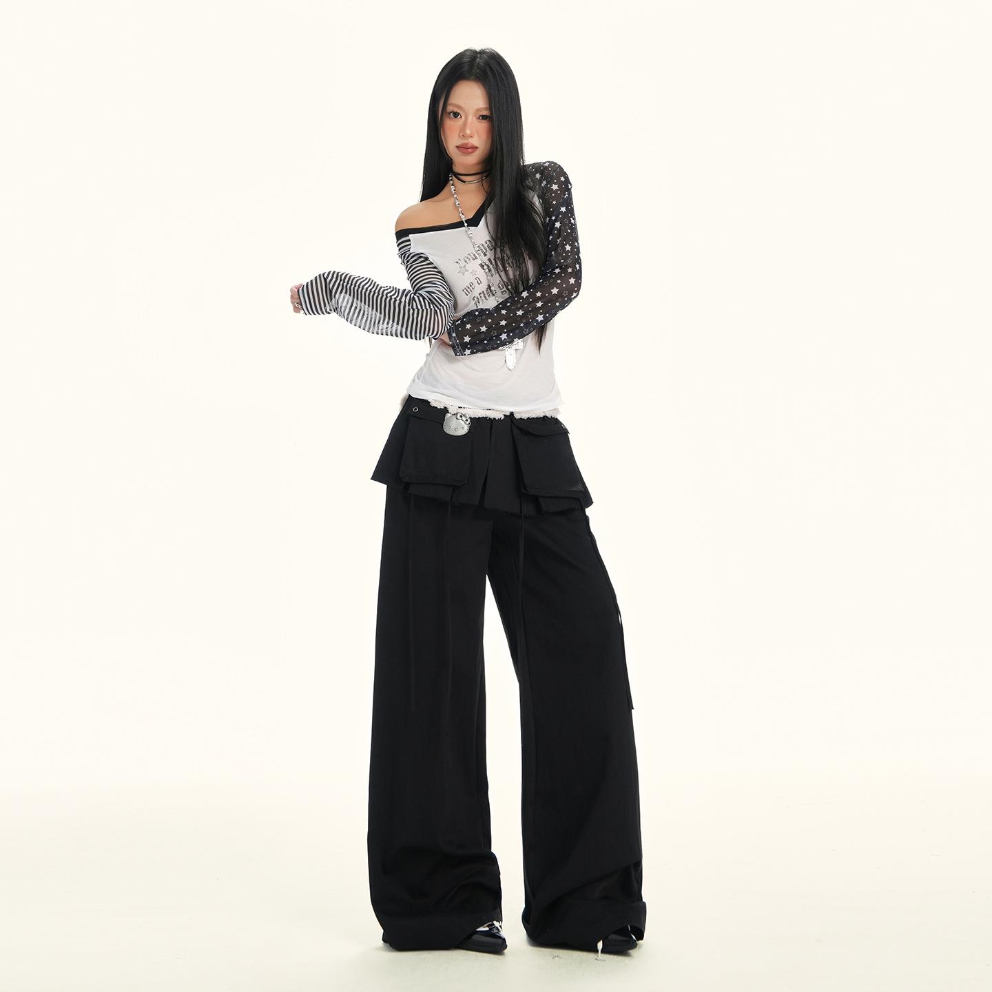 

2025 Winter American Faux Two-Piece Patchwork High Waist Wide Leg Cargo Pants Women s Casual Loose Fit Small