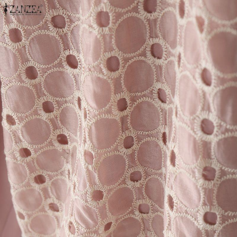 ZANZEA Women Casual Turn Down Collar Long Sleeve Embroidery Splice Fake Two-piece Blouse