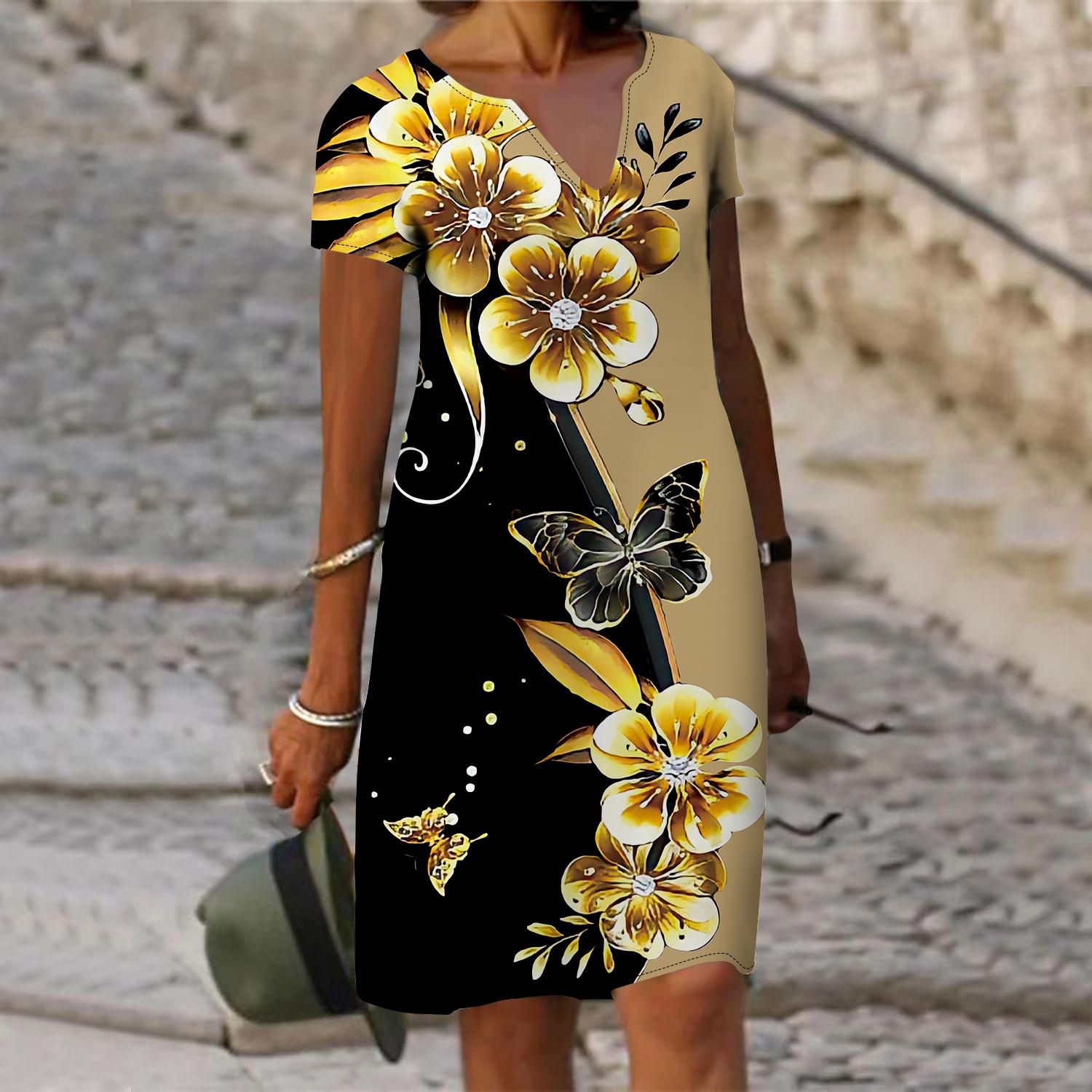 

Летнее модное платье с v-образным вырезом, женское платье с коротким рукавом и золотистым цветочным принтом, свободное повседневное платье для женщин