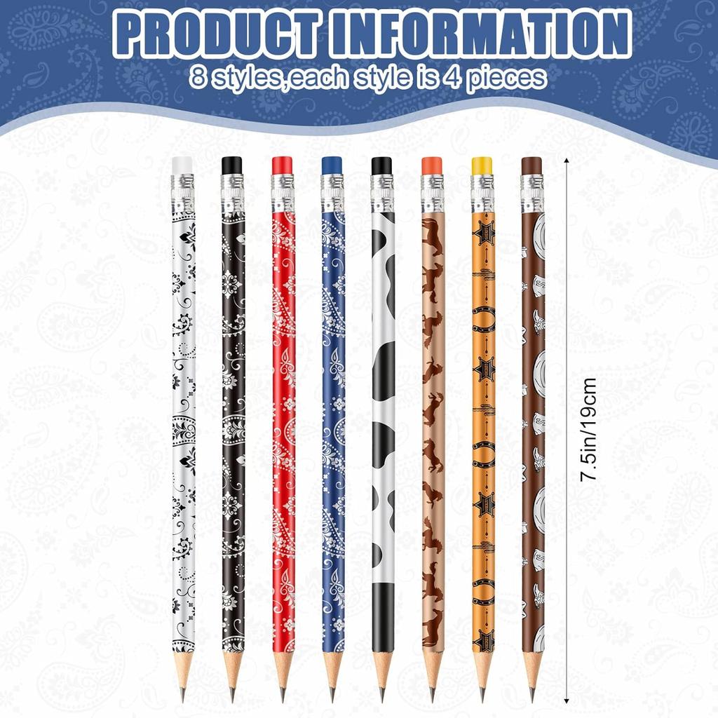 Teling 32 Pcs Western Cowboy Cowgirl Pencils for Kids Fun Cowboy Horse Theme Decorative Wood Pencils with Eraser for Horse Racing Party Favors