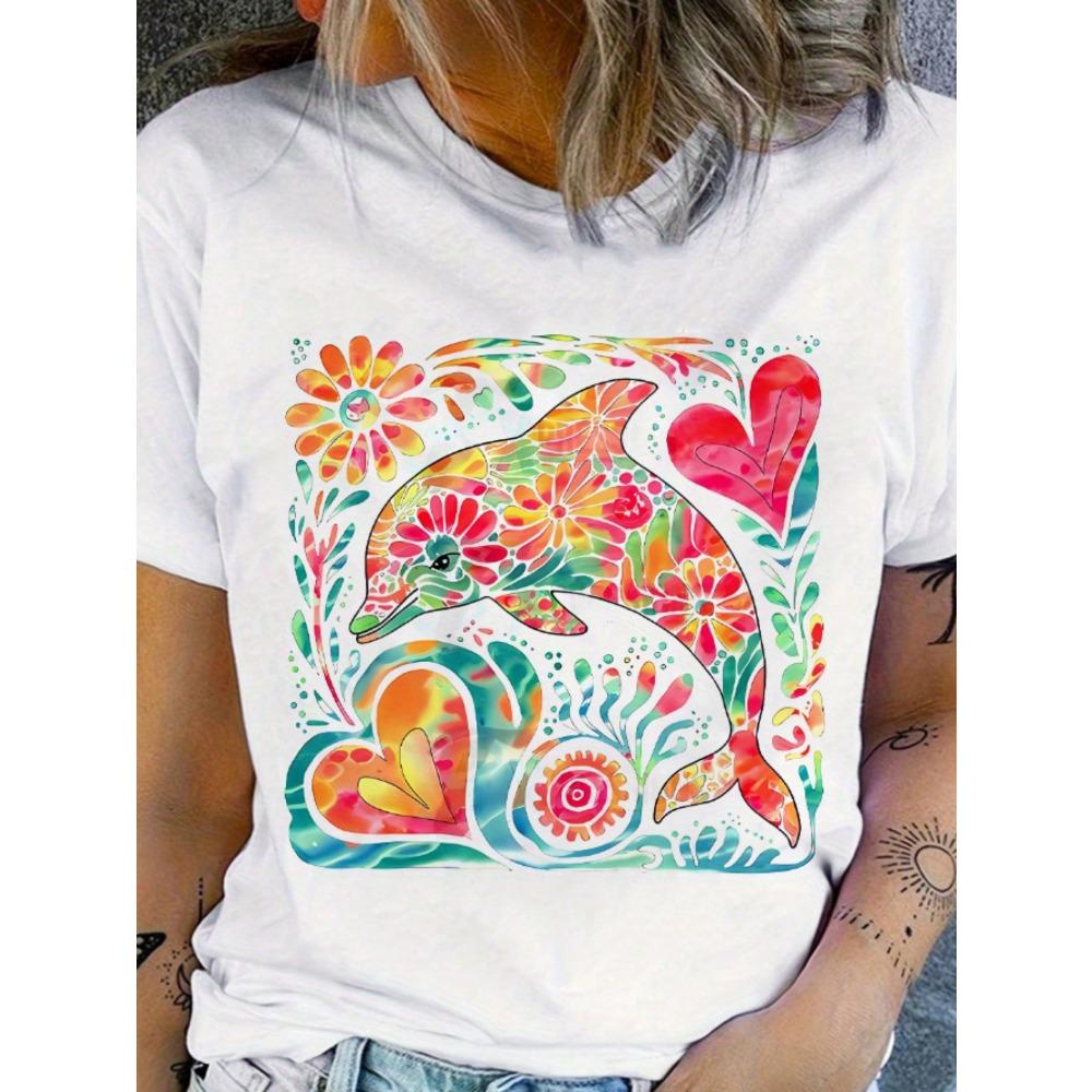 

Spring and summer casual women s clothing dolphin flower love letter print print women s T-shirt 3XL