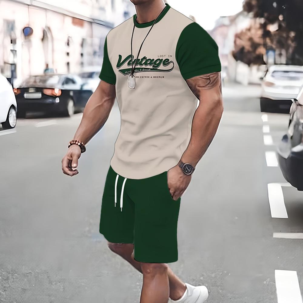 

2025 свободная мужская футболка шорты комплект из 2 предметов модная 3D принтованная одежда с коротким рукавом эластичный пояс шорты на шнурке наряды 5XL