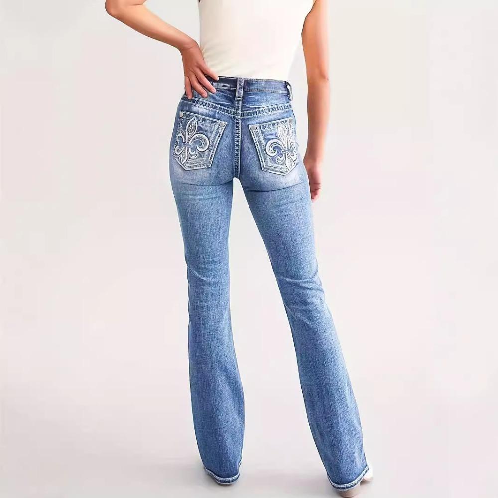 Jeans Donna Vita Alta a Zampa Vestibilità Slim Tasca Ricamata Alta Elasticità Pantaloni Lunghi in Denim