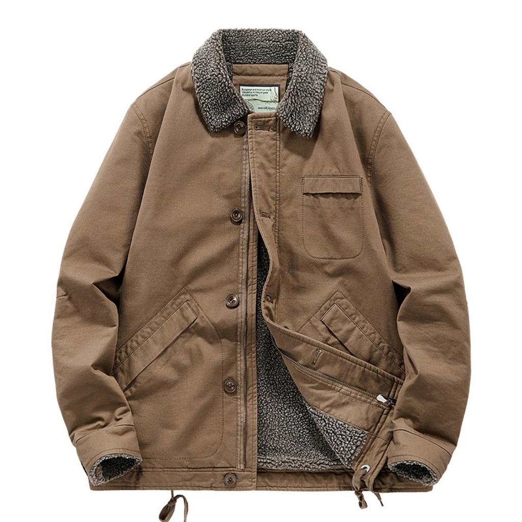 Men's Fleece-lined Lamb Wool Collared Workwear Cotton Puffer Jacket, Fall Winter American Vintage Casual Outerwear