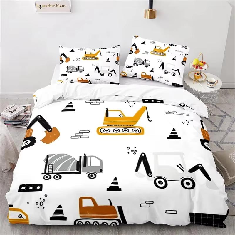Cartoon Pattern Duvet Cover Set King Size Double Bed Full Size Engineering Truck Set Kids Boys Girls Excavator Bedding 3 Pcs