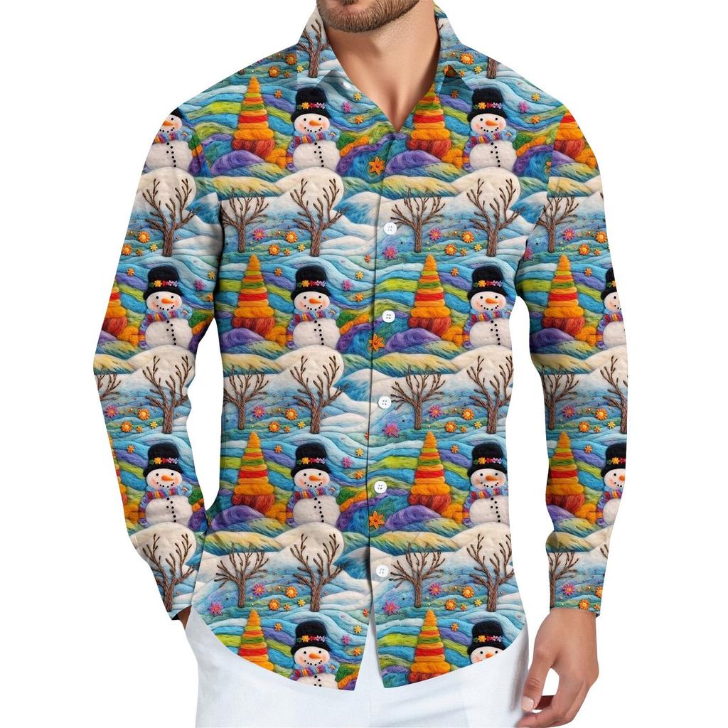 Men's Christmas Shirt Christmas Print Long Sleeve Button Shirt
