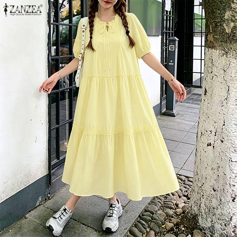 ZANZEA Women Casual Round Neck Solid Color Loose Half Sleeve Long Dress