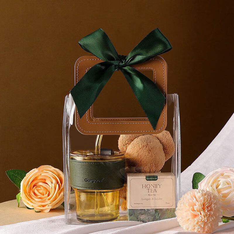 Glass Bamboo-Knot Cup Gift Set with Flower Tea and Bear Towel