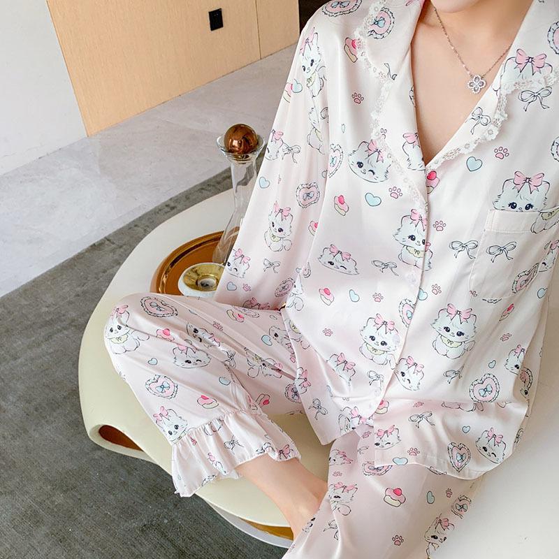 Women's Cartoon Print Ice Silk Pajamas Set, Long Sleeve & Pants, Spring/Summer Loungewear, Trendy Douyin Style, Suitable for Outdoor Wear.