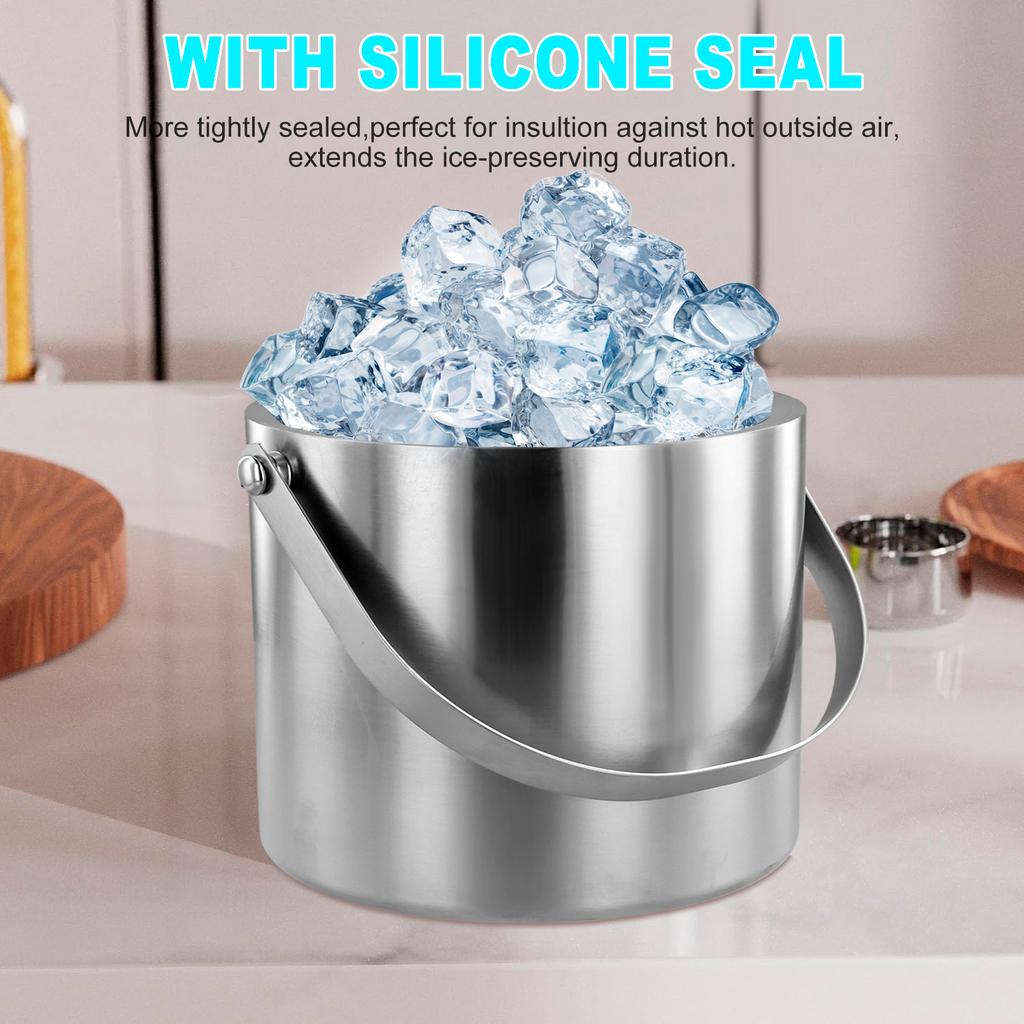 Ice Bucket with Lid Strainer Tong Double Walled Stainless Steel Insulated Ice Bucket 2.0L/3.0L Ice Bucket Container Good Sealing