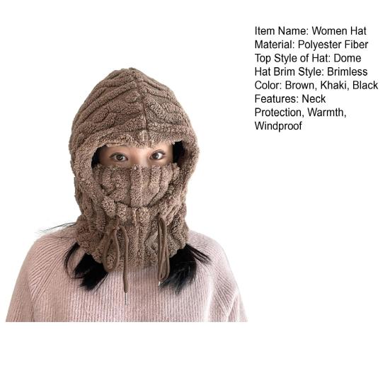 Winter Hat Scarf Combo Fleece Neck Warmer with Ear Protection Knitted Sherpa Hood Windproof Ski Face Covers Stretchy Beanies