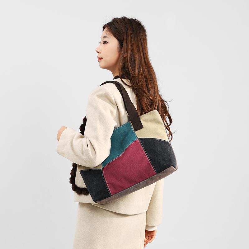 Damen Patchwork Handtasche - Vintage Gespleißte Canvas Tote mit Obergriff & Crossbody-Funktion