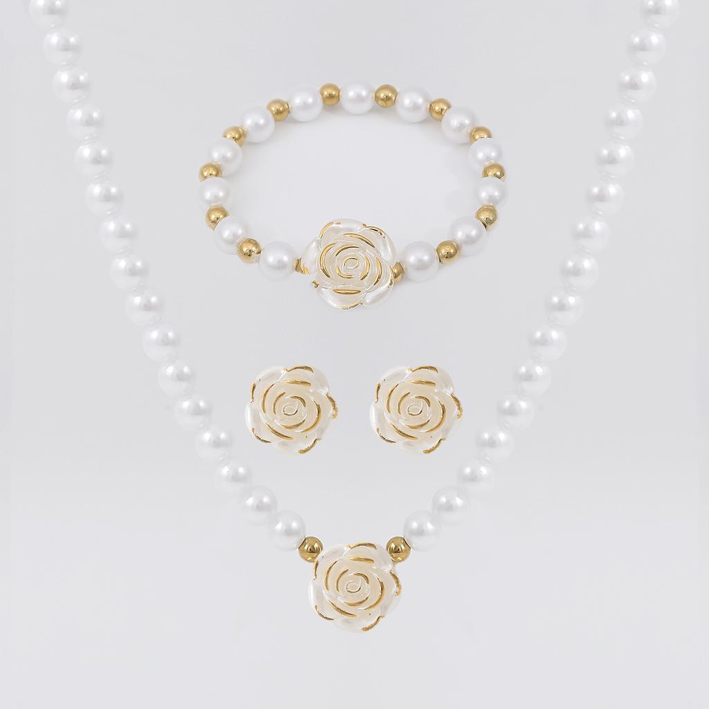 Ladies Pearl Camellia Necklace & Bracelet & Ear Stud Jewelry Set