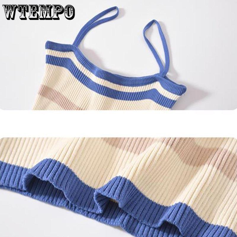 WTEMPO Sleeveless Knitted Long Dress Women Striped Vintage Strap Backless Bodycon Elegant Korean Chic Dress