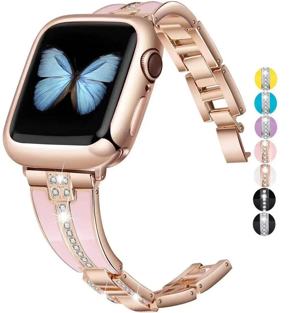 Resin+Metal Strap for Apple Watch 45mm 44mm 42mm 40mm 41mm 46mm 49mm Women Diamond Bracelet Iwatch Ultra 10 9 8 7 6 5 4 SE Band