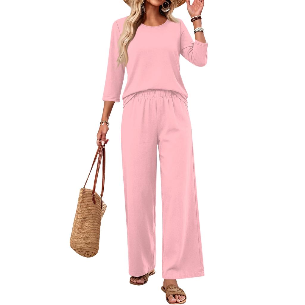 Women Casual Fashion Loose Fit Round Neck Three Quarter Sleeve Top Wide Leg Pants Set Lounge Wear Two Piece Outfit