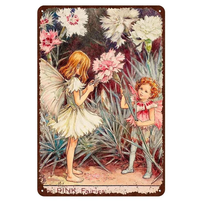 Flower Fairy Girl Metal Tin Signs Wall Decoration Plaque Vintage Art Poster Iron Painting for Man Cave Home Cafe Garden Club Bar