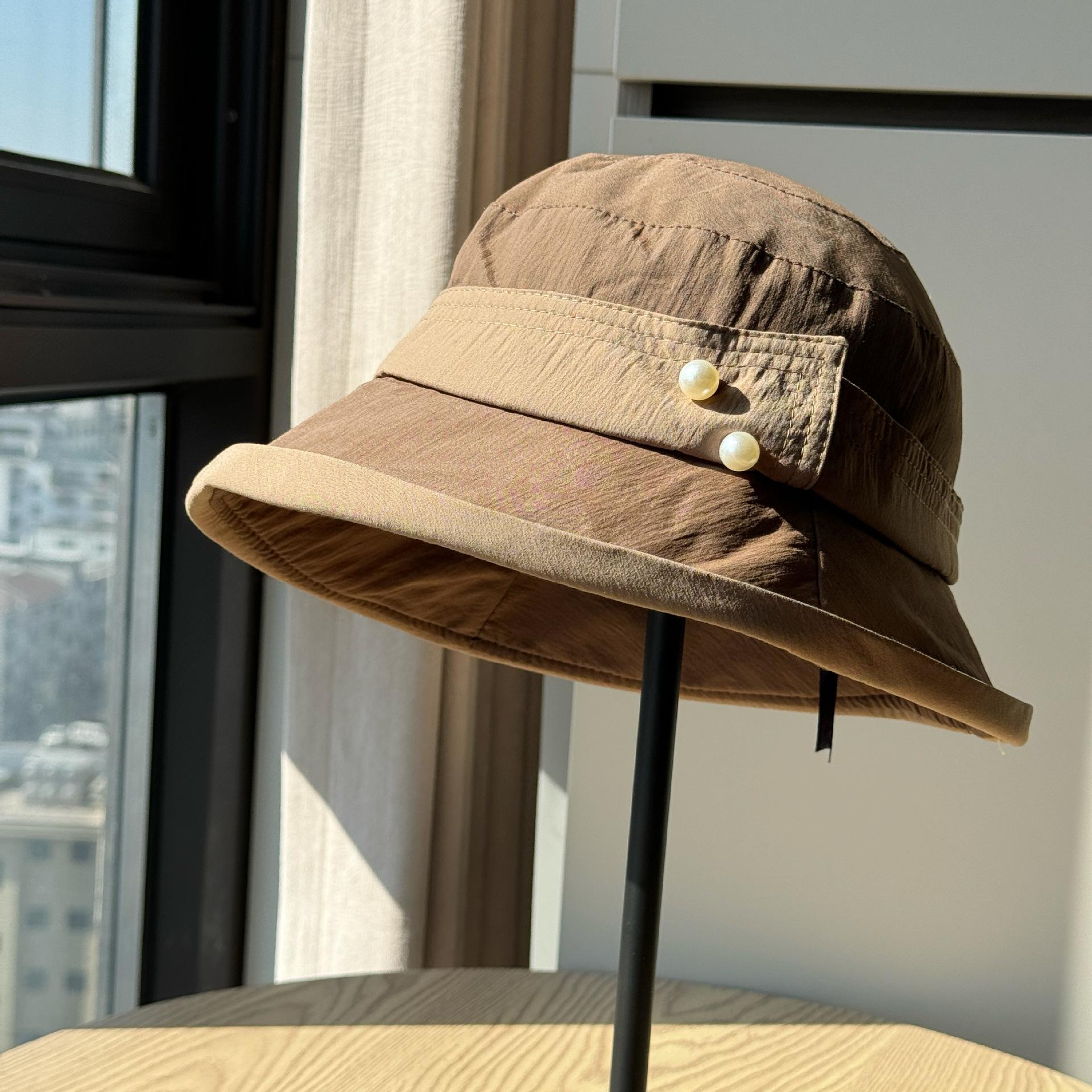 

New Spring/Summer Quick-Dry Fisherman Hat for Women with Pearl Accents, Elegant and Fashionable for Travel, Face-Slimming, Versatile Sun Hat Adult54-60Adjustable коричневий