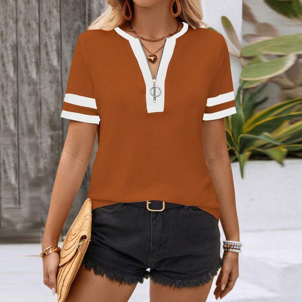 Women Summer  Top  Vacation Short Sleeve V Neck Loose Fit Shirt Spring Fashion Casual Clothes