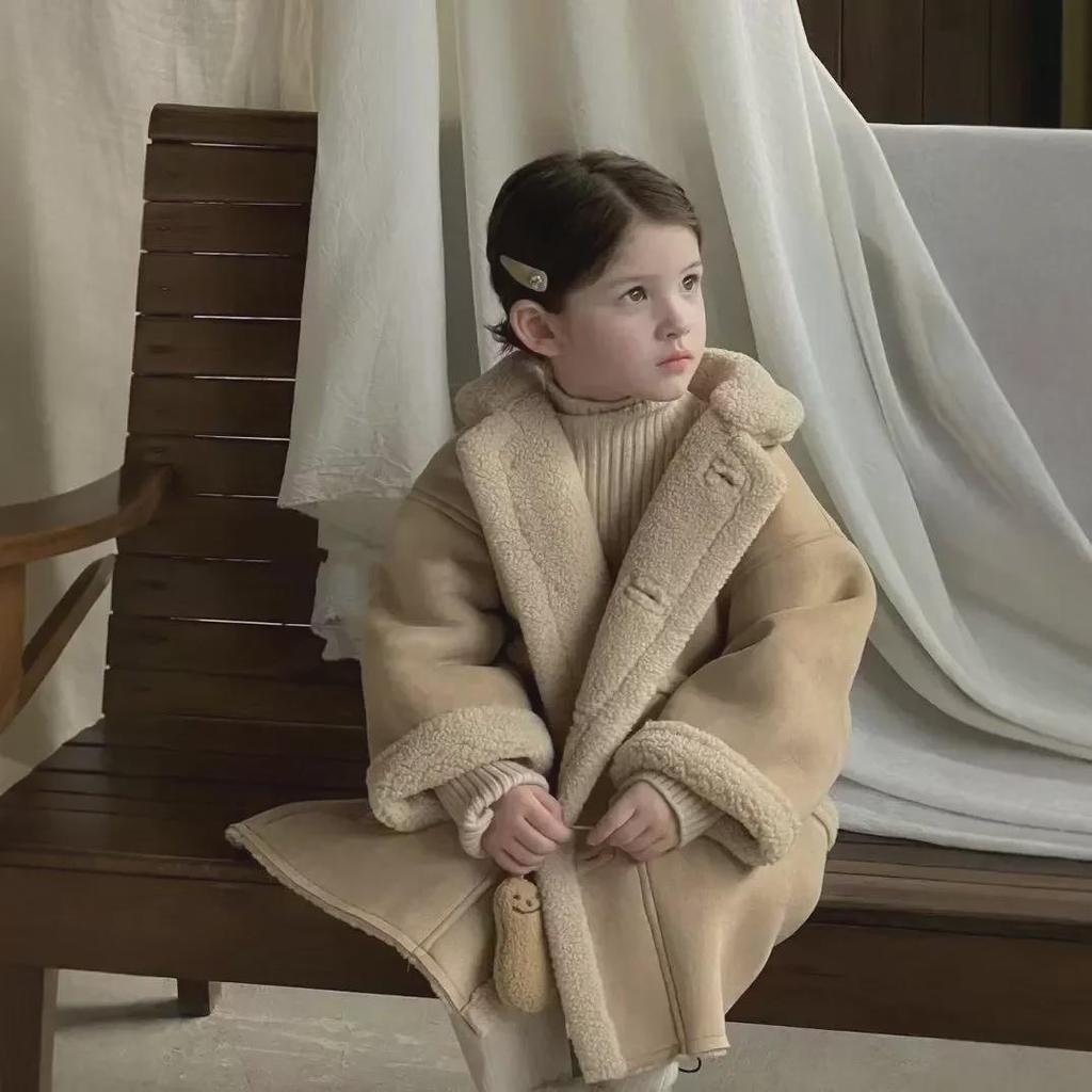 Girls' Warm Camel Winter Coat - Thick Lambskin & Deerskin Composite, 2025.
