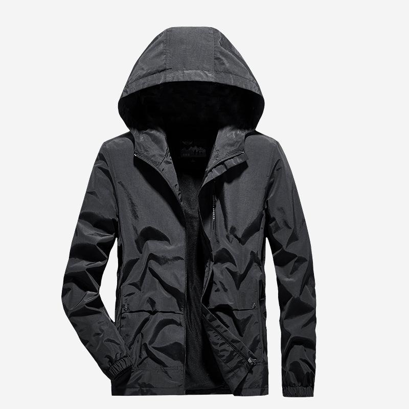 

Spring and Autumn Jacket Men s Trend Versatile Solid Color Outdoor Hooded Jacket Tide 5XL чорний