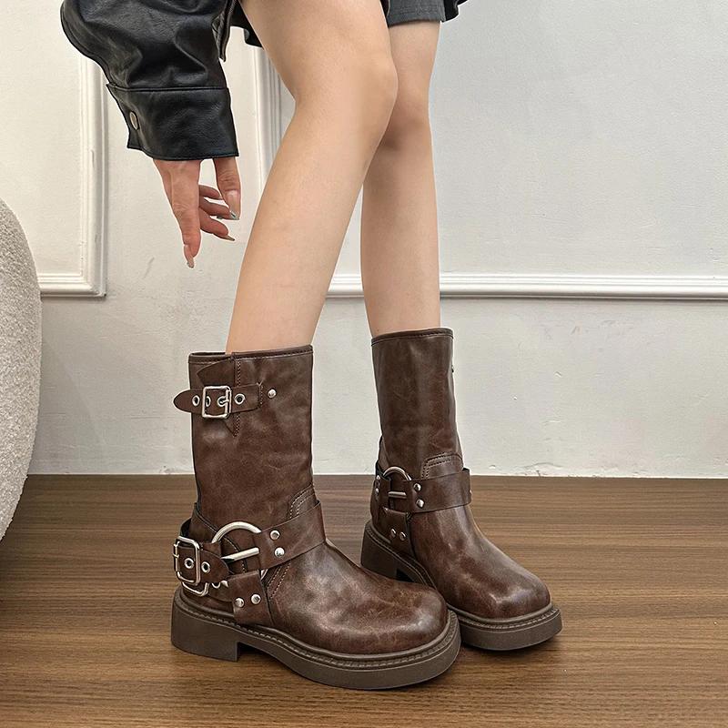 Fashion 2025 Ladies Shoes Slip-on Women's Boots Fashion Metal Decoration Modern Boots Women New Versatile Retro Rome Mid-Calf Boots