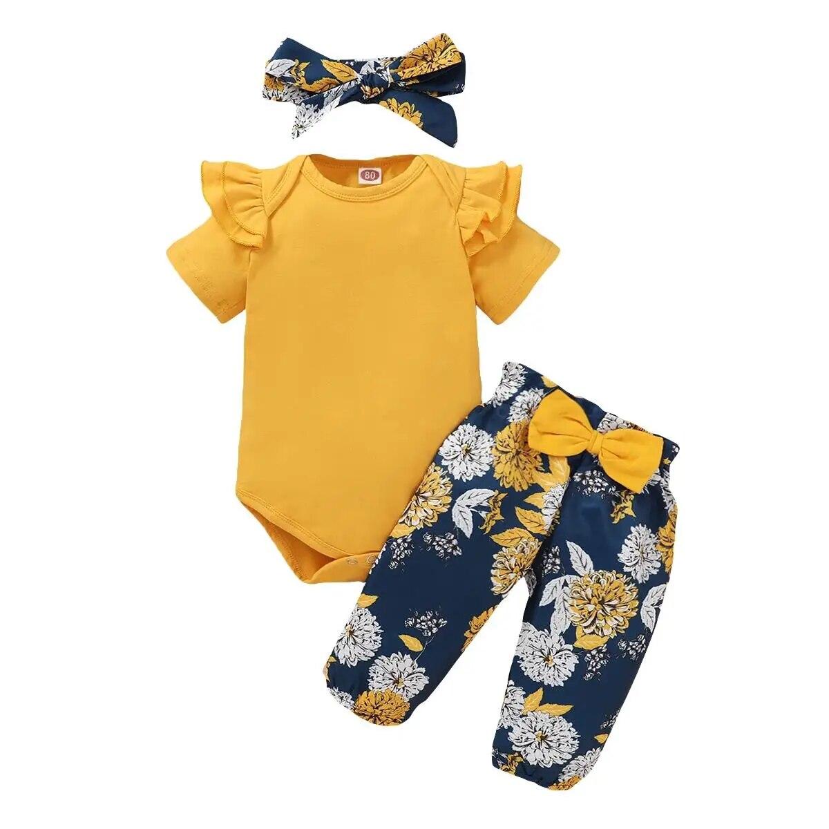 Ensemble de vêtements pour bébé fille nouveau-né Body à manches courtes + Pantalon fleuri avec nœud + Bandeau 3 pièces Tenues Vêtements pour bébé fille tout-petit 3-6M