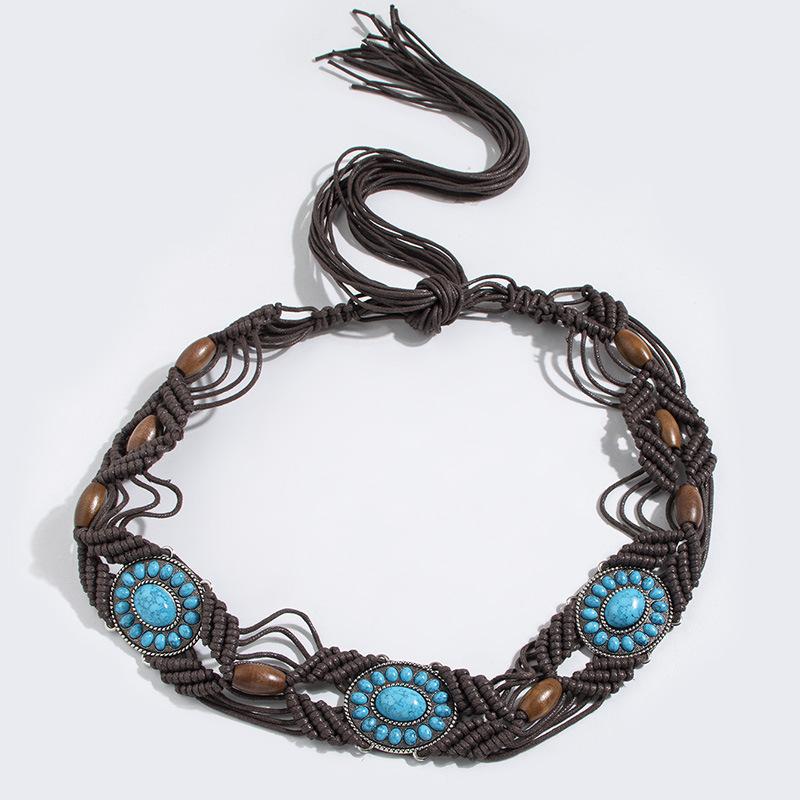 New Middle Eastern Boho Alloy Turquoise Resin Beads Weaving Knotted Ethnic Style Women's Waist Rope
