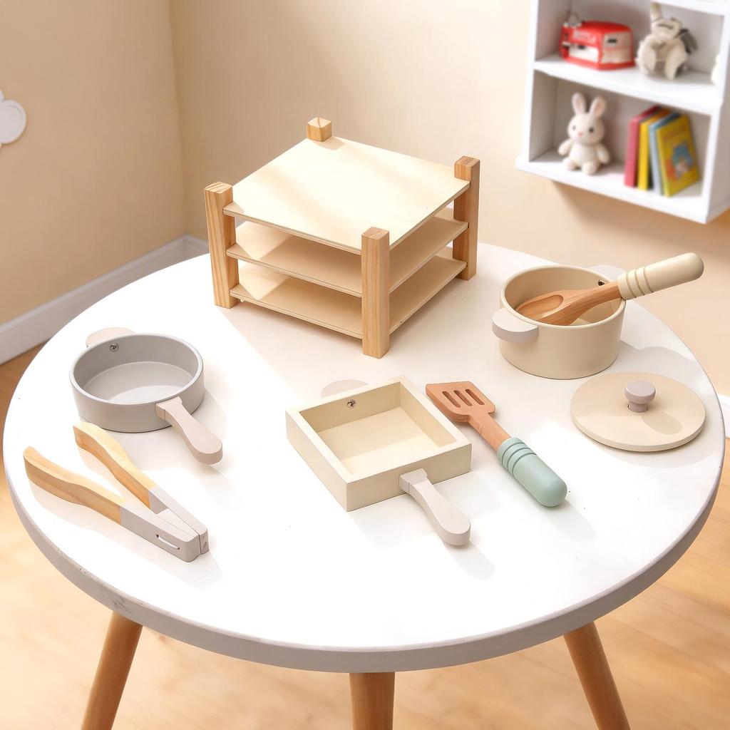 Wooden Play Kitchen Cookware Set: Frying Pan & Rice Cooking Toys for Kids