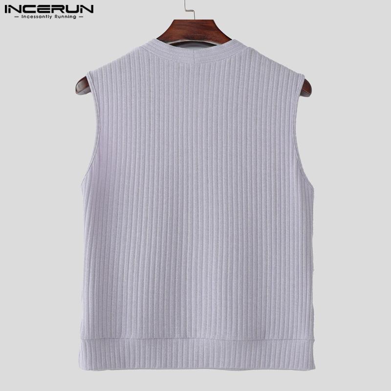 INCERUN Summer Men V Neck Front Cross Solid Rib Casual Tank Tops Undershirts