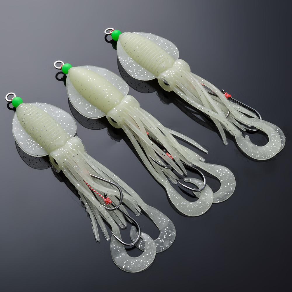 FTK 1/3/5/10pcs Saltwater Squid Lure Set, 5.83inch (approx. 14.8 Cm) Glow-in-the-dark Lure, Includes 2 X 6/0 Hooks with Squid-mimicking Lure