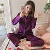 Solid color ice silk pajamas women's long-sleeved cardigan simulation silk spring summer loungewear women's autumn suit breathable